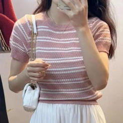 Ins Short Sleeve Crop Top Slim Fit Sweet Stripe Knitted T-shirt Female Clothing Bottoming Shirt Knitwear Women Female
