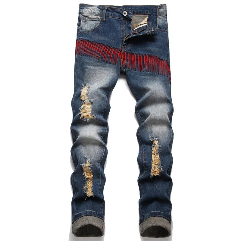 Description Picture 3 of itemRetro Tattered Jeans Jeans Men's Personalized Embroidery Fashion Street Fashion Brand Slim Fit Feet Washed High-End Trousers