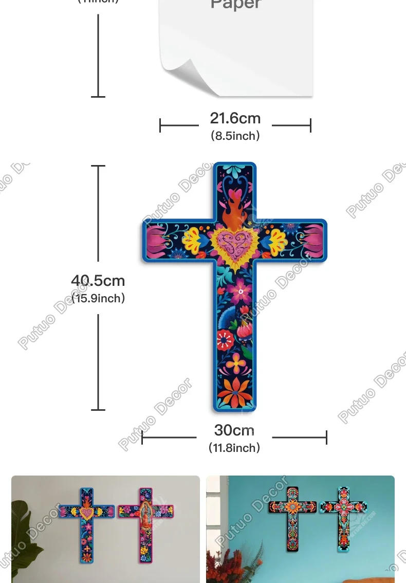 Description Picture 5 of itemPutuo Decor Mexican Style Crucifix Wood Wall Decor, Day of the Dead Decor Wooden Wall Mounted Cross for Home ,15.9 X 11.8 Inches