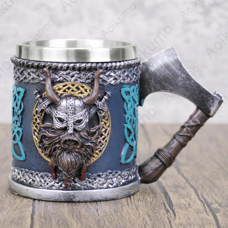 Description Picture 6 of itemValhalla Viking Stainless Steel Single Handle Horn Skull Beer Stein Cup Nordic Viking Warrior Skull Mug Tankard 400ml Halloween