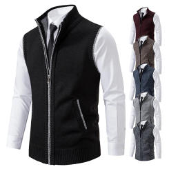 Men's Heart Knitted Sleeveless Sweater with Velvet Padded Collar Zipper Cardigan Coat Vest