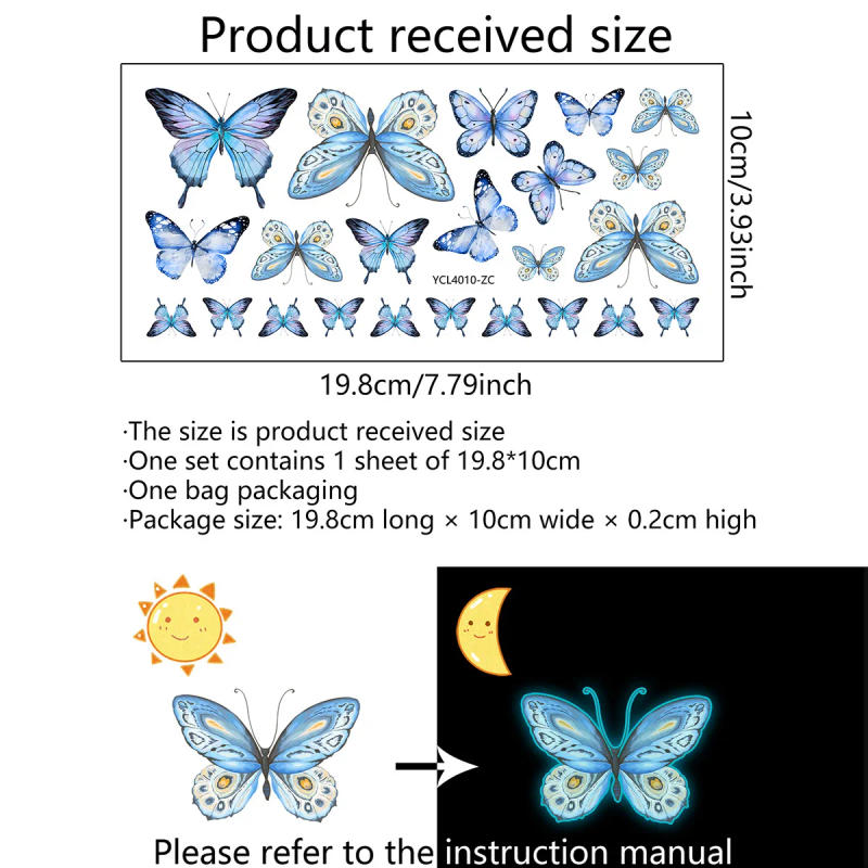 Description Picture 2 of itemBlue Light Butterfly Luminous Wall Stickers for Kids Rooms Girls Room Home Decor Glow in the Dark Fluorescent Light Stickers