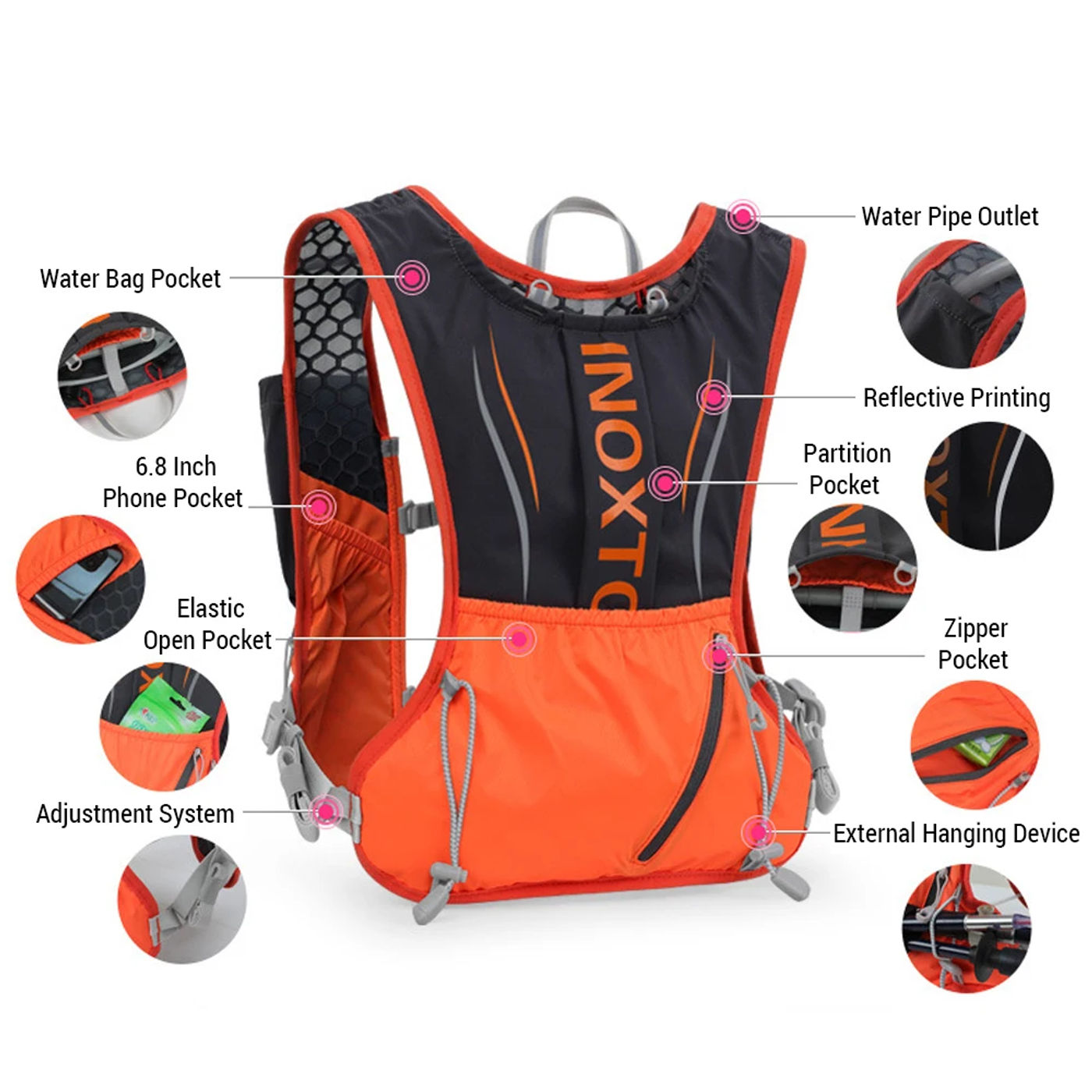 Description Picture 5 of item5L Hydration Vest Backpack Water Running Vest Pack with 1pc 1.5L Water Bladder and 2pcs 450ml Soft Water Bottles for Outdoor Bag