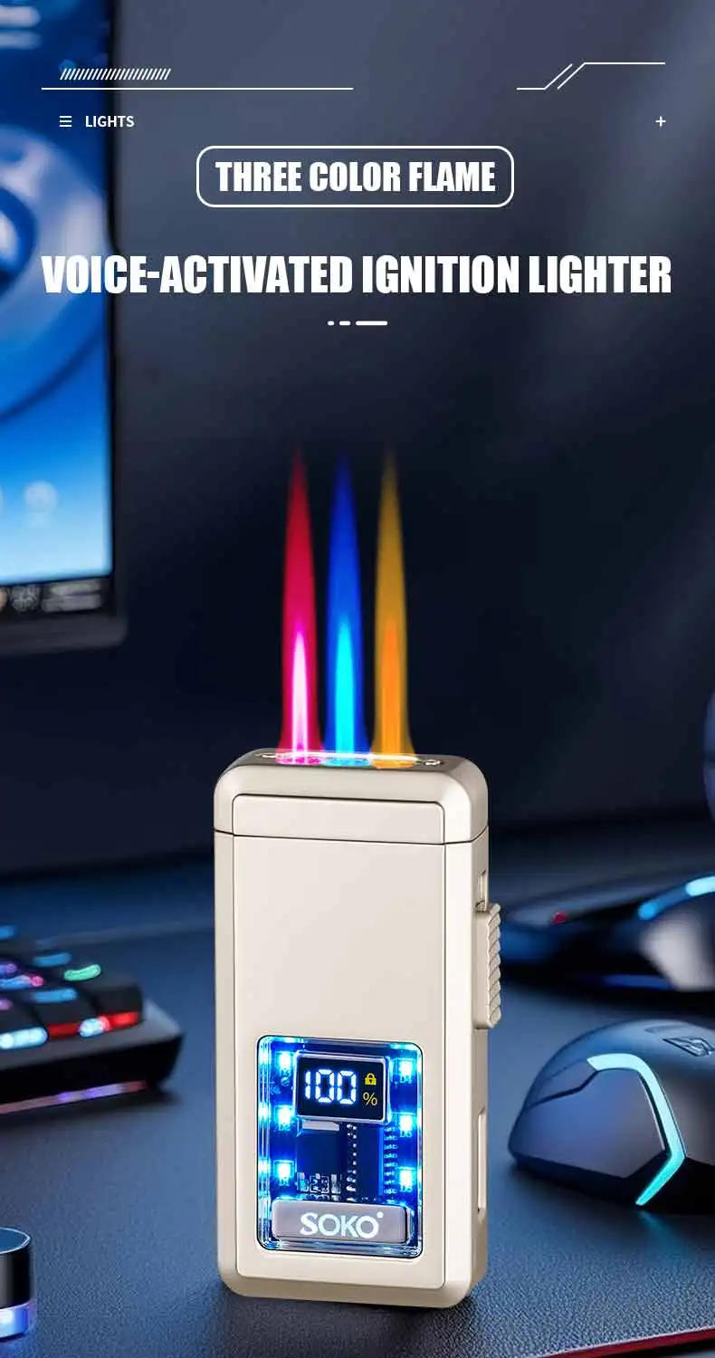 Description Picture 2 of itemNew High Beauty Voice Controlled LED Lighter Three-Color Flame Counting Transparent Visual Movement Inflatable Windproof Lighter
