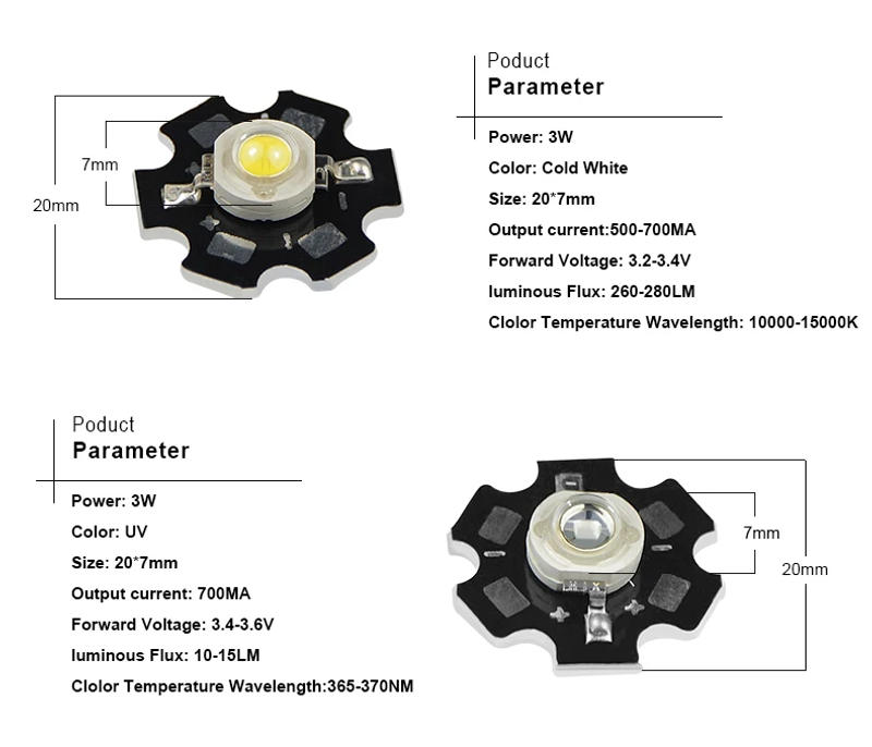 Description Picture 6 of item1W 3W High Power Chip Full Spectrum RGB UV Purple Light Bead Emitter LED Bulb Diodes Lamp Beads Star Diodes PCB Heat Sink