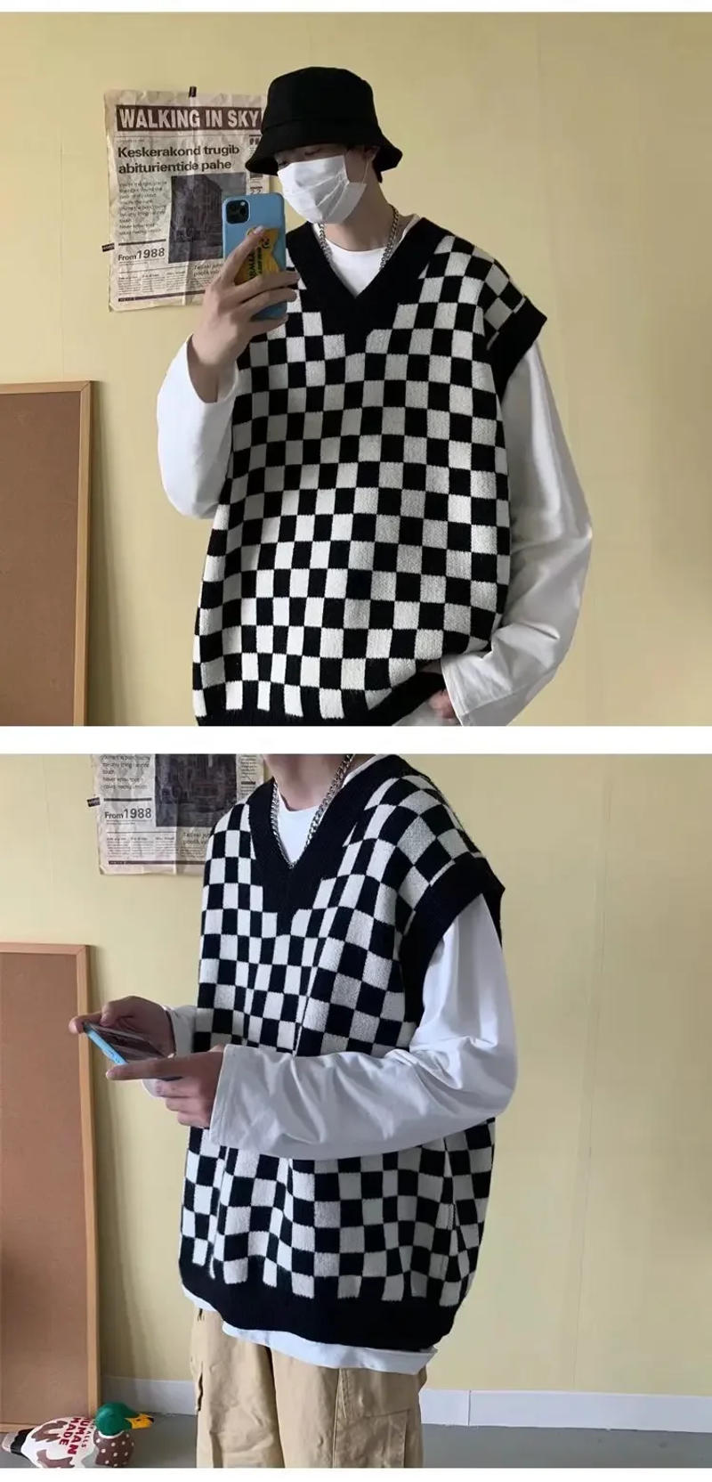 Description Picture 4 of itemTw Cross-border Men's Wear Couple Style V-neck Plaid Loose-fit Sweatvest Knit Vest Casual Scene Sleeveless Pullovers