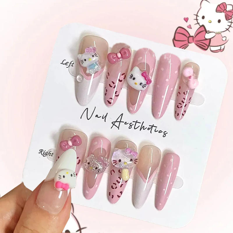 Description Picture 2 of item30/24Pcs Leopard Hello Kitty press on nails 3D Pink Bow KT Y2k Nail Tips Cute Cartoon Fake Nails Girl Fashion Design False Nails