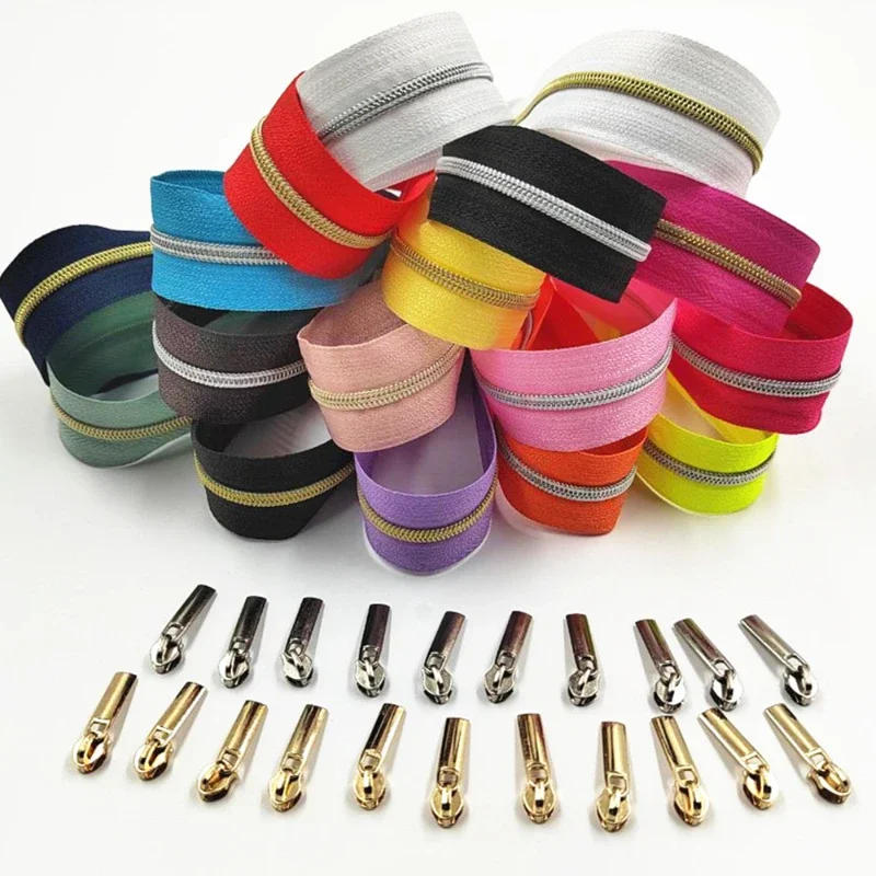 Description Picture 2 of item3# 5 Meters  Golden Silver Tooth Zippers Rolls with 10 Pieces Zipper Slider For Tailor Sewing Accessories