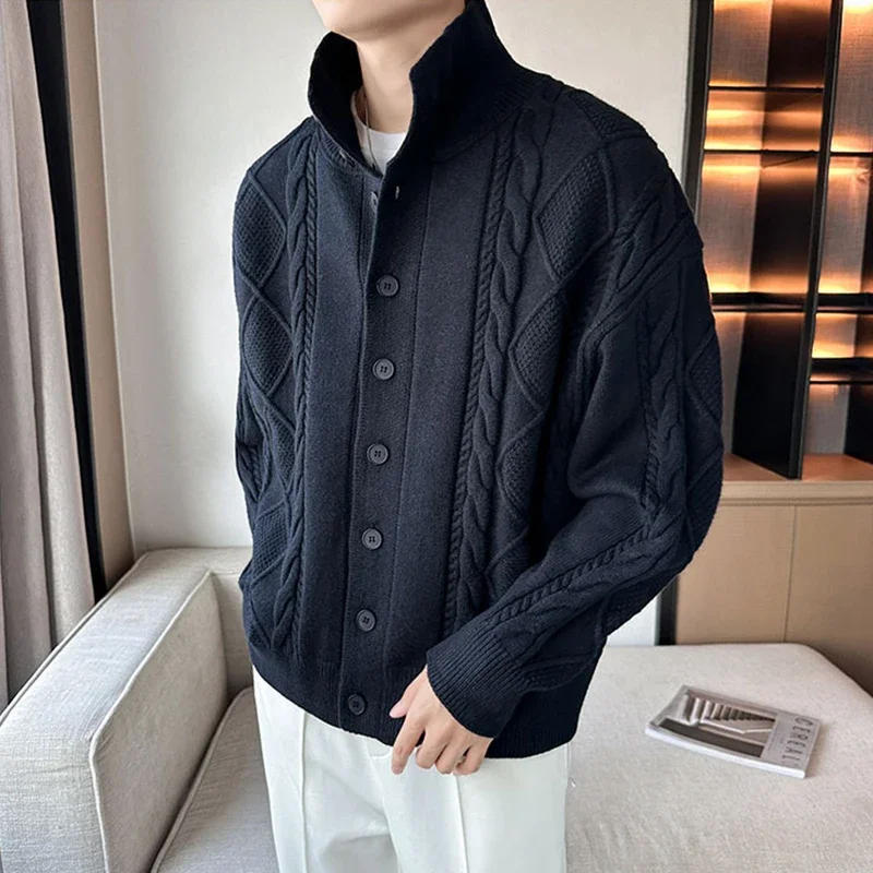 Description Picture 3 of itemVintage Jacquard Knitting Cardigan Men Sweater Casual Long Sleeve Pure Color Sweatercoat for Mens Knitwear Fashion Coat Sweaters