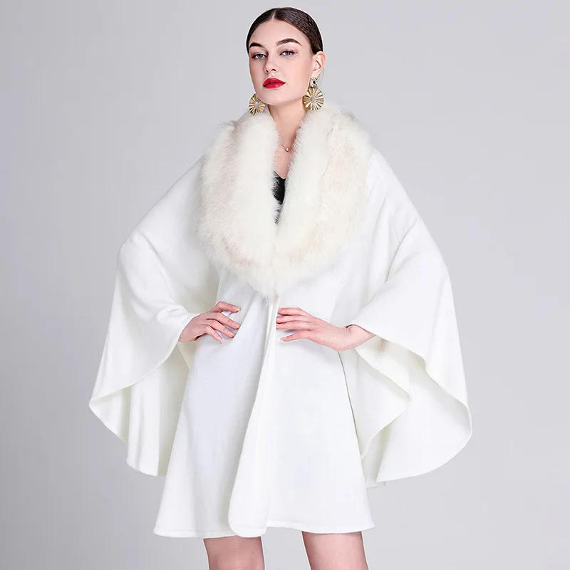 Description Picture 2 of itemAutumn Winter Women Big Faux Fox Fur Neck Poncho Cape Thick Cardigan Overcoat Loose Shawl Cloak Bat Type Knitted Streetwear