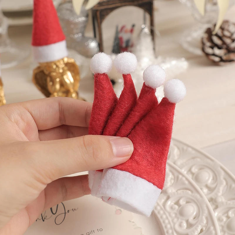 Description Picture 4 of item10/20/30Pcs Mini Santa Claus Hat Cup Bottle Set Home Room Decoration Tableware Knife And Fork Christmas Hat Decor DIY Crafts