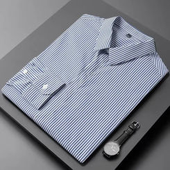 Spring Clothing Men's Luxury Casual Suit Collar Striped Shirts Korean Button-down Solid Color Long Sleeve Basic Shirt 2024 New