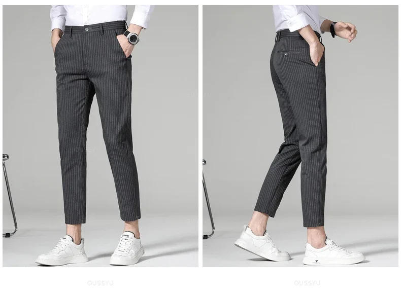 Description Picture 5 of itemHigh Quality Plaid Stripe Ankle Length Pants Men Business Length Pant Straight Korea Grey Black Suit Formal Trousers Male Z294