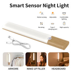 LED Wood USB Night Light Magnetic Wall Lamp Wireless Kitchen Cabinet Closet light Motion Sensor Home Bedroom Table Move Lamp