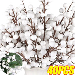 4/40x Simulated White Berry Branches Artificial Berries Stems  Fake Flowers Christmas Holly Branch DIY Wreath Xmas Party Decor