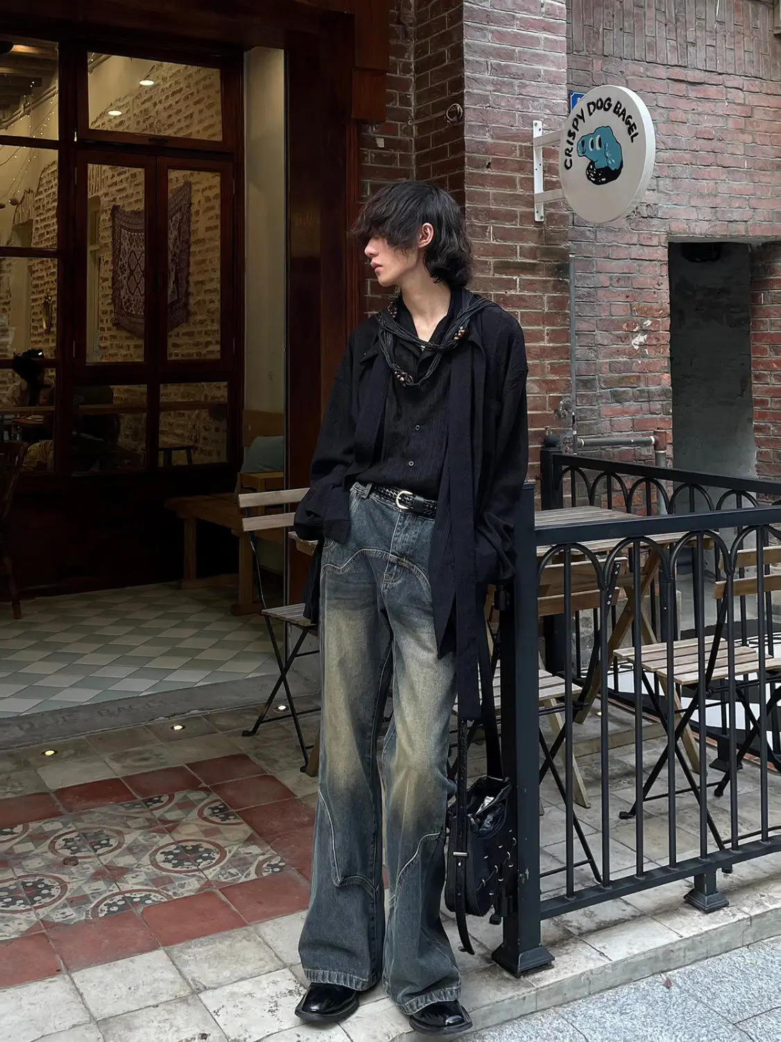 Description Picture 5 of itemAmerican Street Men and Women Trendy Retro Straight Leg Wide Leg Casual Pants Autumn Micro Flare Ragged Edge Washed Jeans y2k