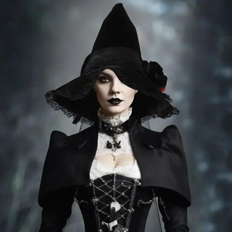 Description Picture 6 of itemVelvet Cloth Halloween Witch Hats Punk Gothic Queen Flower Wizard Cap Baroque Party Decoration Cosplay Dress Up Supplies Adult