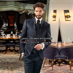 Male Fashion Luxury Suits Black Jacquard Pattern Formal Groomsman Wedding Tuxedos Tailored Made Business 3 Pieces Blazer Sets
