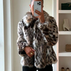TRAFZA Winter Woman Leopard Print Faux Fur Coat Lapel Long Sleeves Loose Cardigan Top Female Elegant Street Women's Warm Coats