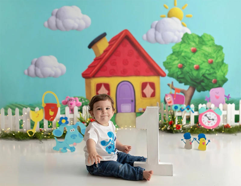 Description Picture 3 of itemBlues House Clues Photo Background Cartoon Apple Tree Photography Backdrop Children Birthdays Cake Smash Photo Studio Props