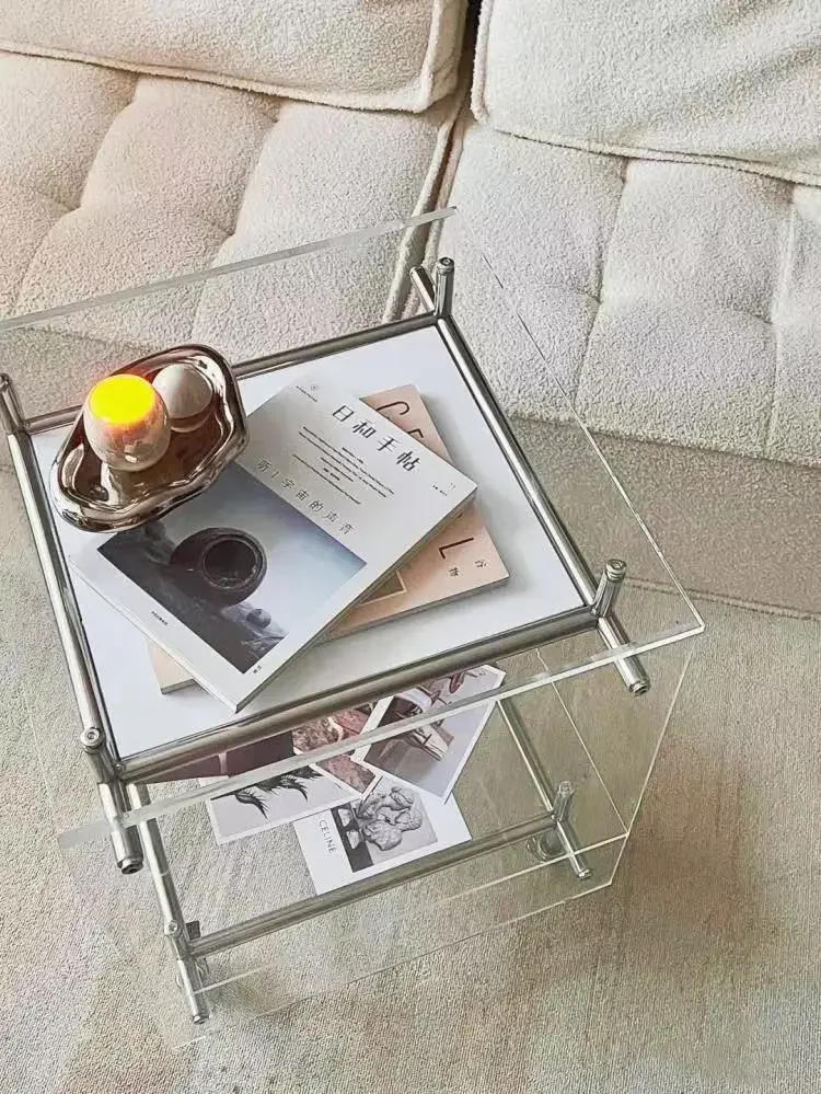 Description Picture 3 of itemIns Style Coffee Table Acrylic Tea Table for Living Room Glass Side Table Storage Cabinet Trolley with Wheels Home Furniture