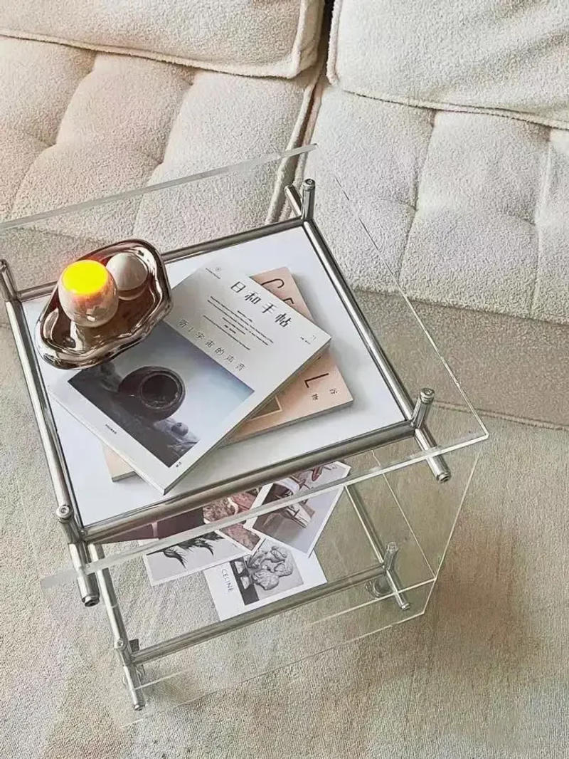 Description Picture 3 of itemIns Style Coffee Table Acrylic Tea Table for Living Room Glass Side Table Storage Cabinet Trolley with Wheels Home Furniture