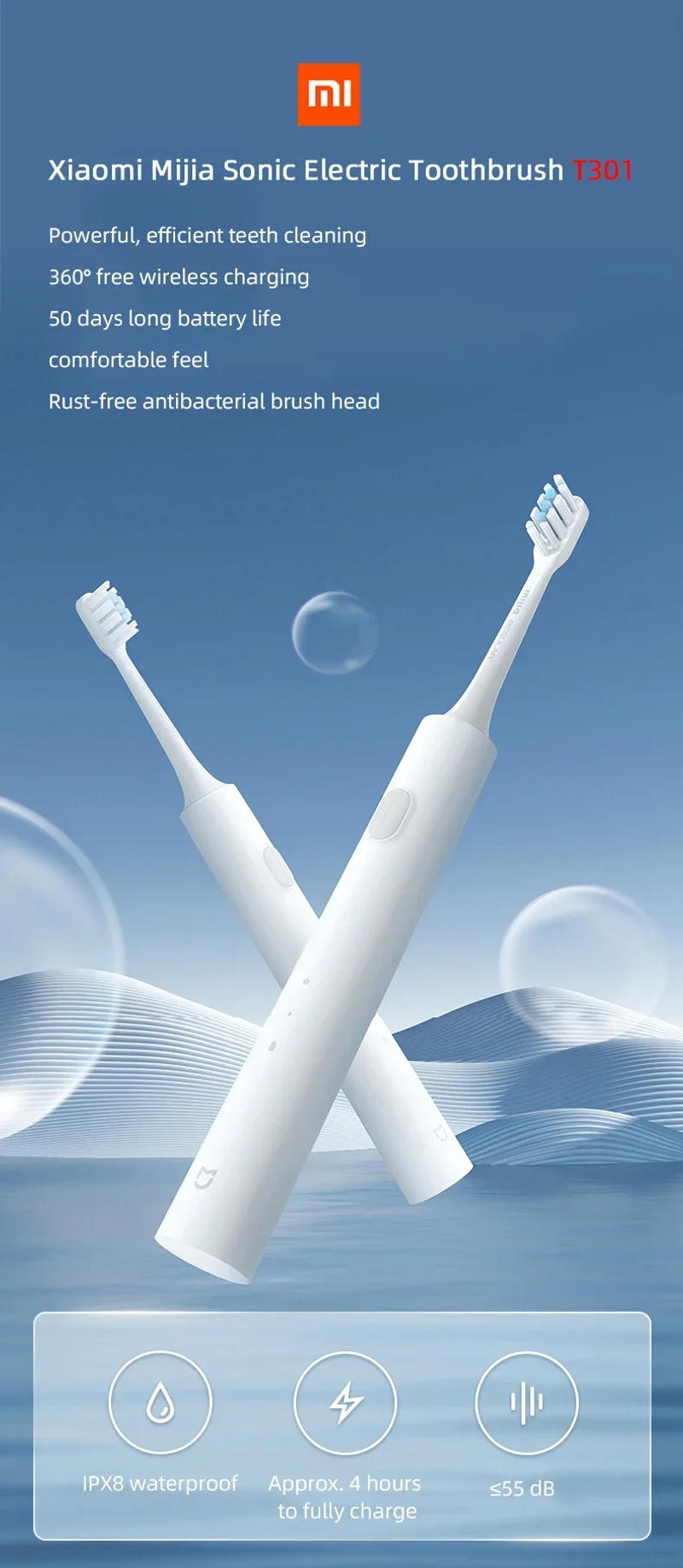 Description Picture 2 of itemXIAOMI MIJIA Sonic Electric Toothbrush T301 Cordless Rechargeable Toothbrush IPX8 Waterproof Rust-Free Electronic Tooth Brush