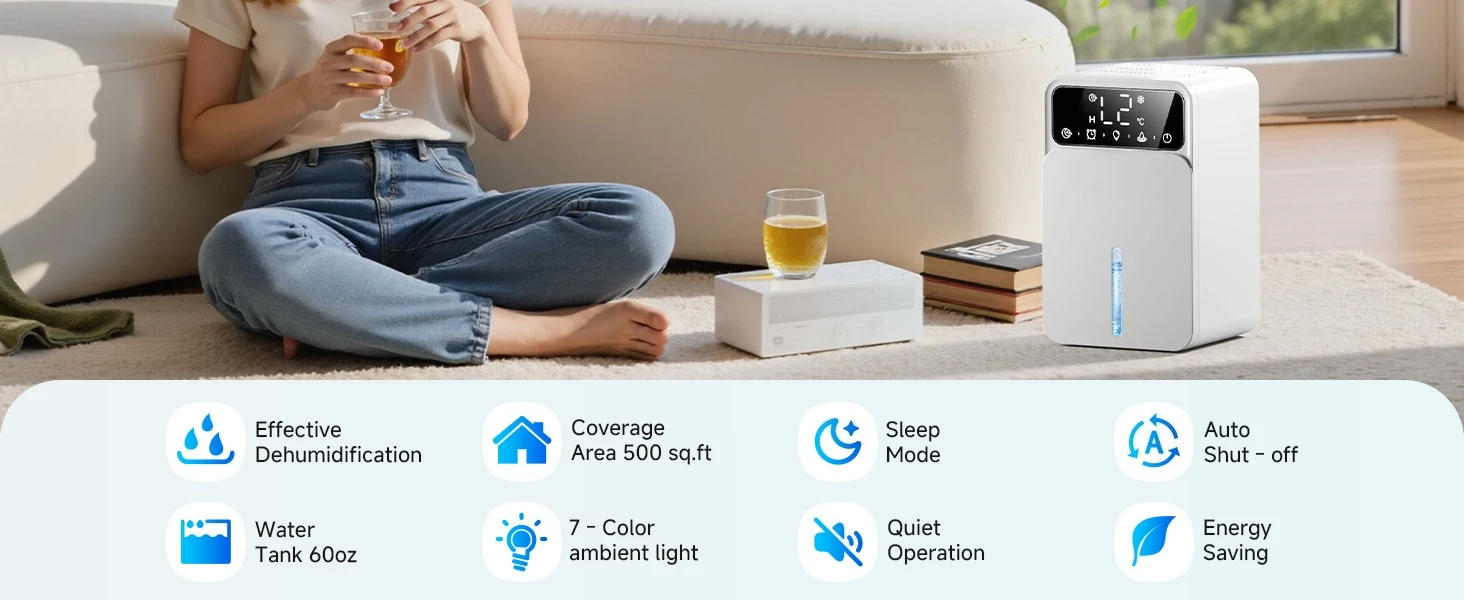 Description Picture 3 of itemDehumidifiers for Home Water Tank Dehumidifier for Bathroom Bedroom Basement with Auto Shut Off Timer 7 Colors LED Light