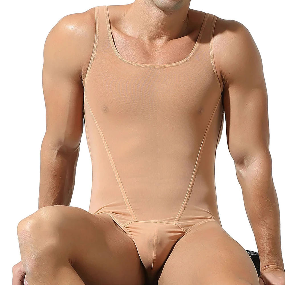 Description Picture 3 of itemXXL Men Mesh Undershirts Leotard See Through Sissy Sheer Bodysuits T-back Thongs Silk Slip Jumpsuits Wrestling Singlet Underwear