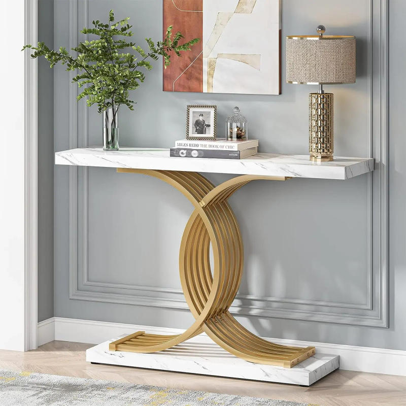 Description Picture 4 of itemTribesigns Gold Entryway Table, Modern 39-Inch Console Faux Marble Narrow Wood Sofa with Geometric Metal Legs