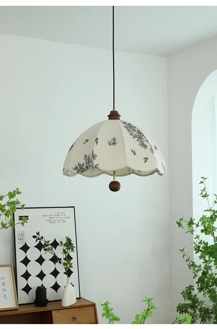 Description Picture 6 of itemFrench Medieval cream Patterned Fabric Pendant Light Solid Wood Restaurant Extendable Bar Counter Bedroom Study Chandeliers