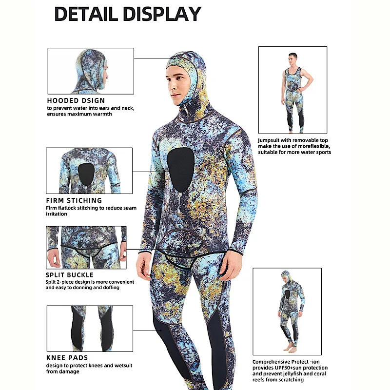 Description Picture 4 of itemWetsuits Men's 1.5/3MM Neoprene Hooded Warm Wetsuit Camouflage Split Hunting Fish Hunting Scuba Snorkeling Surfing Swimsuit