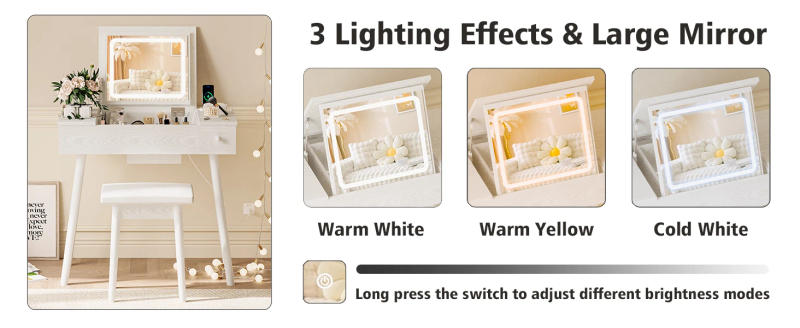 Description Picture 3 of itemDressing Table Set Modern Vanity Table With Drawers and Cabinets Storage Box Organizer Bedroom Wooden Dresser Near Bed Bathroom