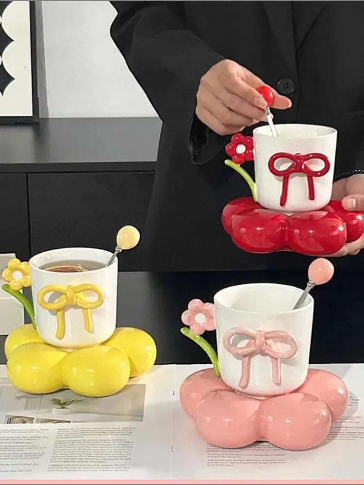 Description Picture 2 of itemThree-dimensional Bow Ceramic Mug and Plate Home Flower Coffee Cup Saucer Exquisite Girl Office Breakfast Milk Cup Birthday Gift