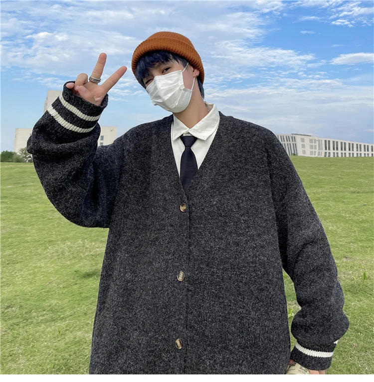 Description Picture 4 of itemJapanese V-neck Contrasting Color Knitted Overcoat Couple Loose Casual High Street Gentle Sweater Jackets Men Tops Male Clothes