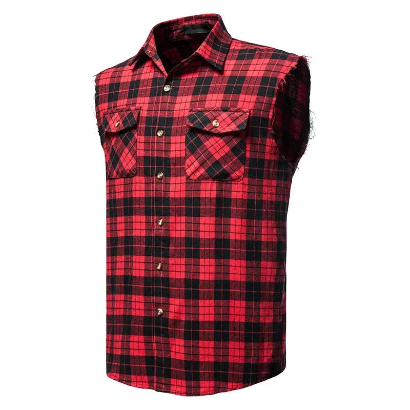 Description Picture 3 of itemMen's Casual Flannel Plaid Shirt Sleeveless Double Pocket Cowboy Button Down Shirts Men Cotton Plus Size Vest Checkered Top 2XL
