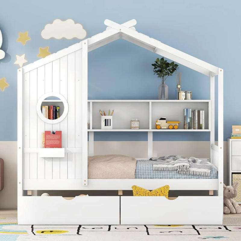 Description Picture 4 of itemTwin House Bed with Storage Drawers & Bookcase,Twin Platform Frame with Rails & Roof, Solid Wood Bed for Kids Teens Girls Boy