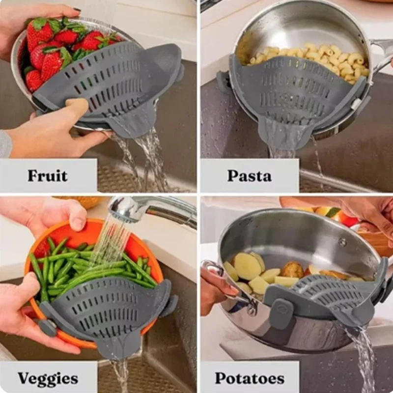 Description Picture 2 of itemUniversal Silicone Clip on Pan Pot Strainer Anti Spill Pasta Pot Strainer Food Grade Fruit Colander for Pasta Fruit Vegetable