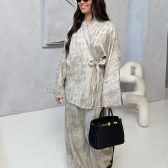 Cotton Linen Women's Set Elegant Lace Up Long Sleeve Top Straight Wide Leg Pants Sets 2025 Summer Print Lady Casual Trouser Suit