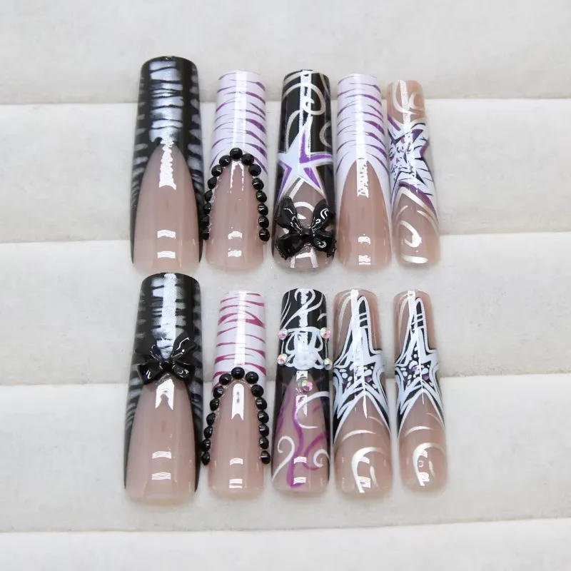 Description Picture 6 of item24Pcs Sweet Cool Spice Girl Press on Nails Black French Bow False Nails Y2k Star Glitter Diamond Nail Long Square Gel Fake Nails