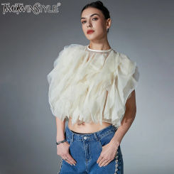 TWOTWINSTYLE Solid Patchwork Ruffles Pullover Shirt For Women Round Neck Sleeveless Spliced Mesh Temperament Blouses Female New
