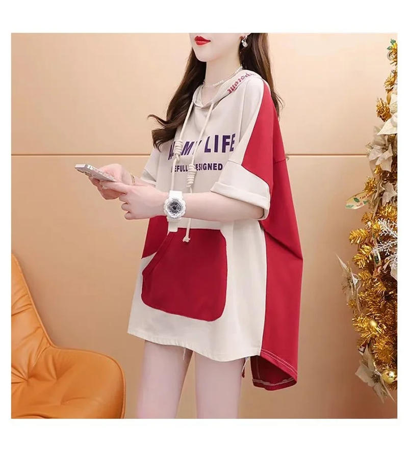 Description Picture 3 of itemWomen's Hooded Contrasting Back Panel Split T-shirt 2025 Summer New Loose Fitting Upper Garment Medium And Long Tops For Women