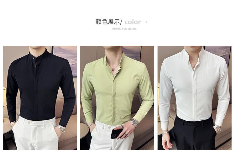 Description Picture 3 of itemBlack/White/Green Long Sleeve Formal Shirts For Men Clothing 2023 Stand Collar Business Casual Slim Fit Solid Tuxedo Blouses 4XL