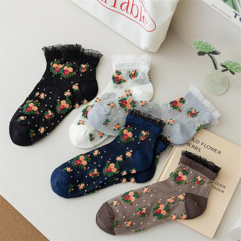 Description Picture 5 of itemLolita Lace Ruffle Socks Floral Embroidery Harajuku Vintage Short Socks Women Summer Ultra-thin Transparent Crystal Silk Socks