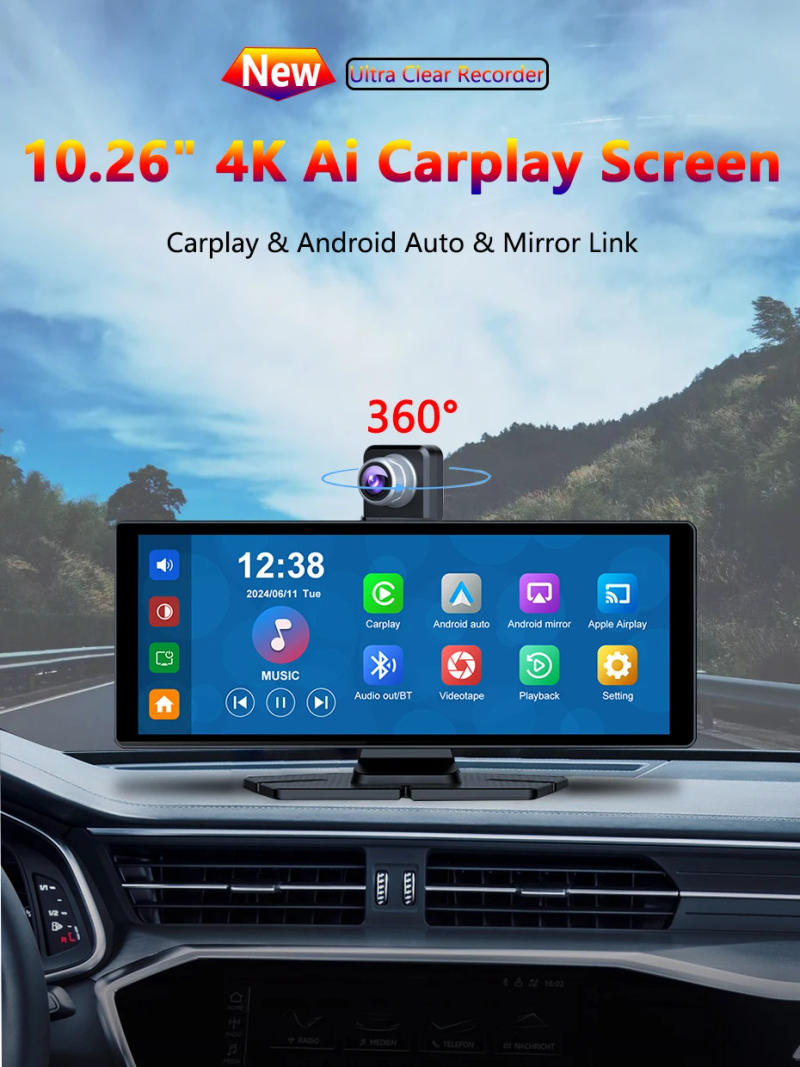 Description Picture 2 of item10.26" 4K Dash Cam Carplay Android Auto GPS 5G WIFI FM BT Car Dvr 360 ° Rotation Dual Lens Dashcam Truck Camera Drive Recorder