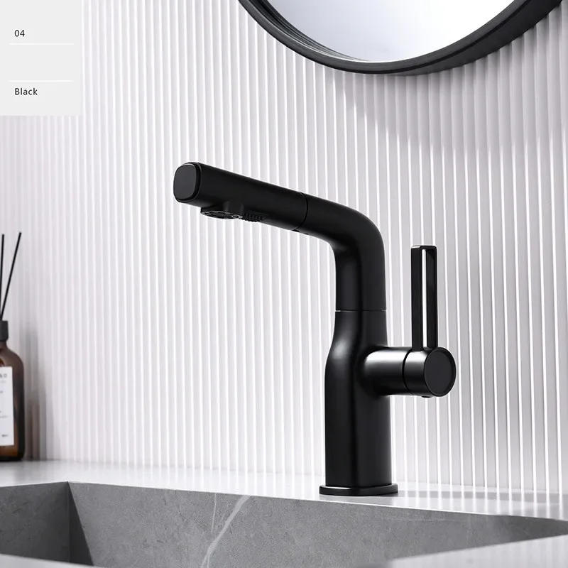 Description Picture 5 of itemBrush Gold Bathroom Faucet Gray Pull Out Basin Cold And Hot Water Mixer Sink Tap Single Handle Deck Mounted