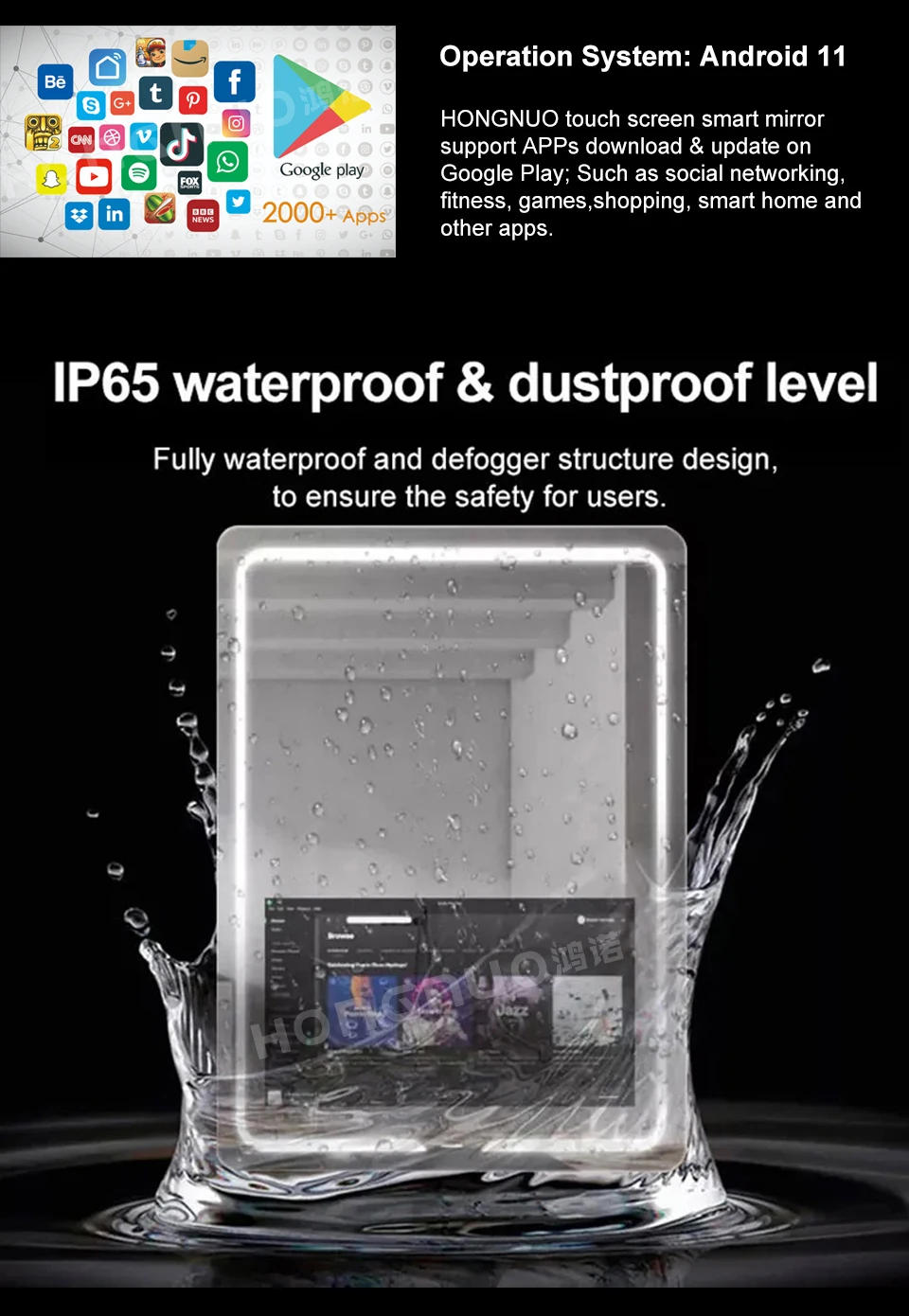 Description Picture 4 of itemTouch Screen Interactive Rectangle Wall Mirror Customised Led light Waterproof Smart Magic Mirror with tv WIFI Bath mirrors