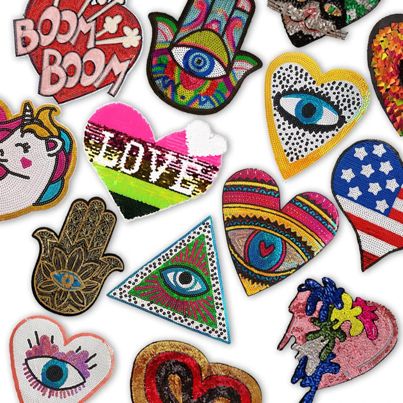 Description Picture 2 of itemLarge Devil Eyes Sequin Patches and Appliques Heart Eye Embroidery Iron-on Patches for Clothing Unicorn Decor Sticker on Jacket