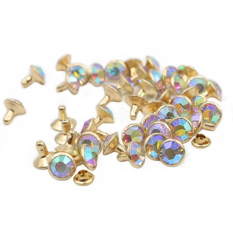 Description Picture 3 of item100Sets 8mm AB Crystal Rhinestone Rivets Golden Metal Base Studs For Clothing Bag Leathercraft Rivet