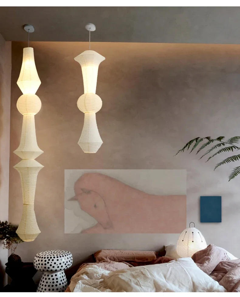 Description Picture 5 of itemNordic Wabi Sabi Wind Rice Paper Led Pendant Lights Living Room Bedroom Corner Chandelier Duplex Loft Home Decor Bedside Lamp